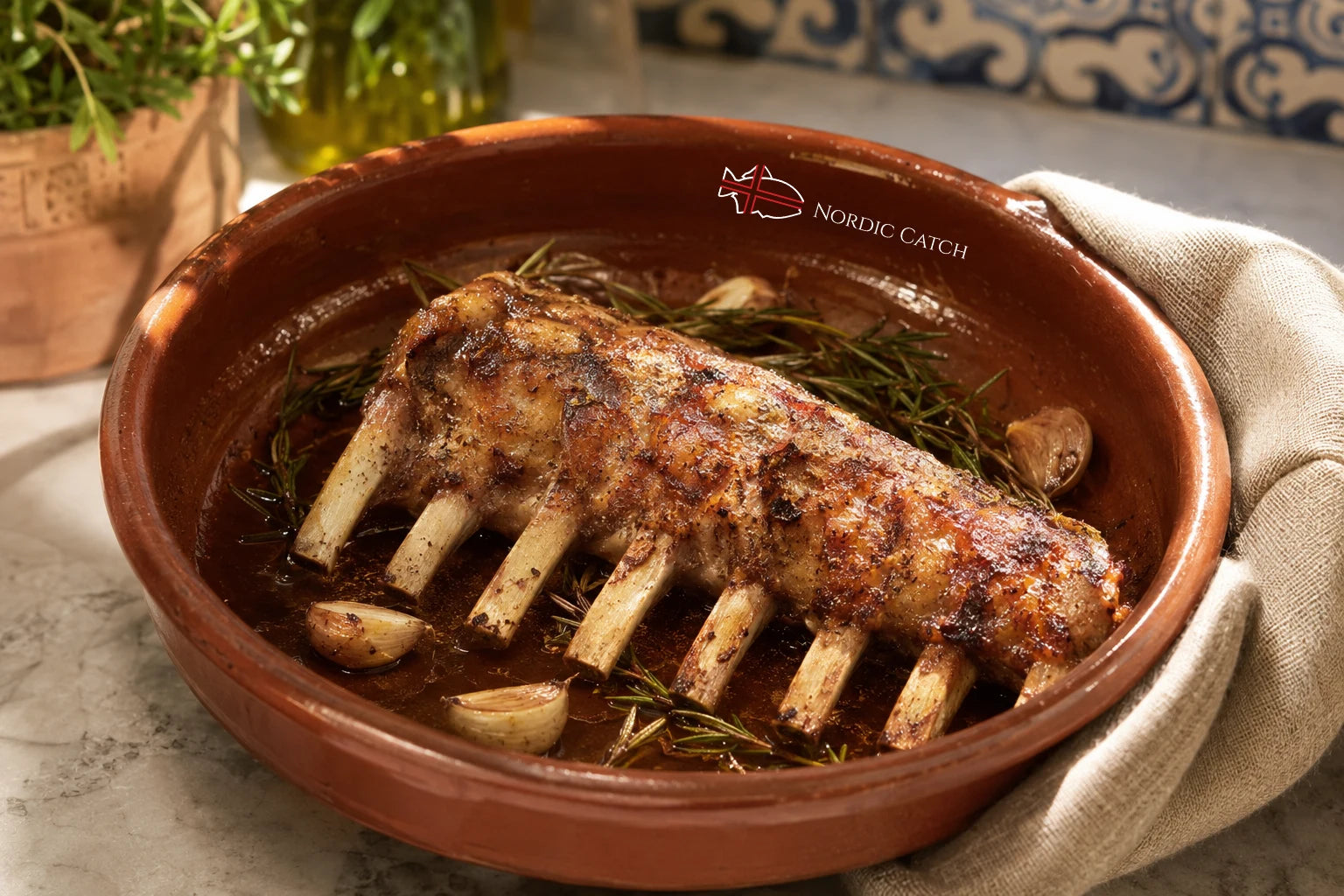 A roasted rack of Iberico ribs with bones exposed, served in a brown ceramic dish with herbs and garlic, on a stone surface with a beige cloth napkin and blurred kitchen background. The dish is branded with the Nordic Catch logo.
