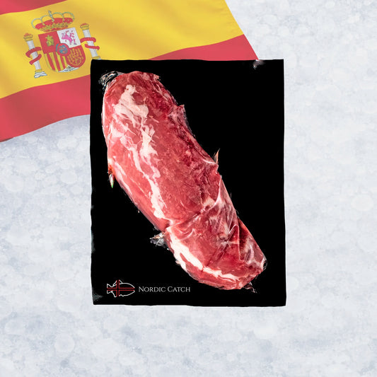 A vacuum-sealed raw cut of Iberico tenderloin with a Spanish flag in the background and the text 'NORDIC CATCH' visible near the bottom of the card.