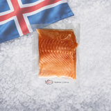 Nordic Catch Icelandic Arctic char fillet package on crushed ice background with Icelandic flag