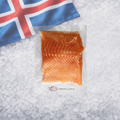 Nordic Catch Icelandic Arctic char fillet package on crushed ice background with Icelandic flag