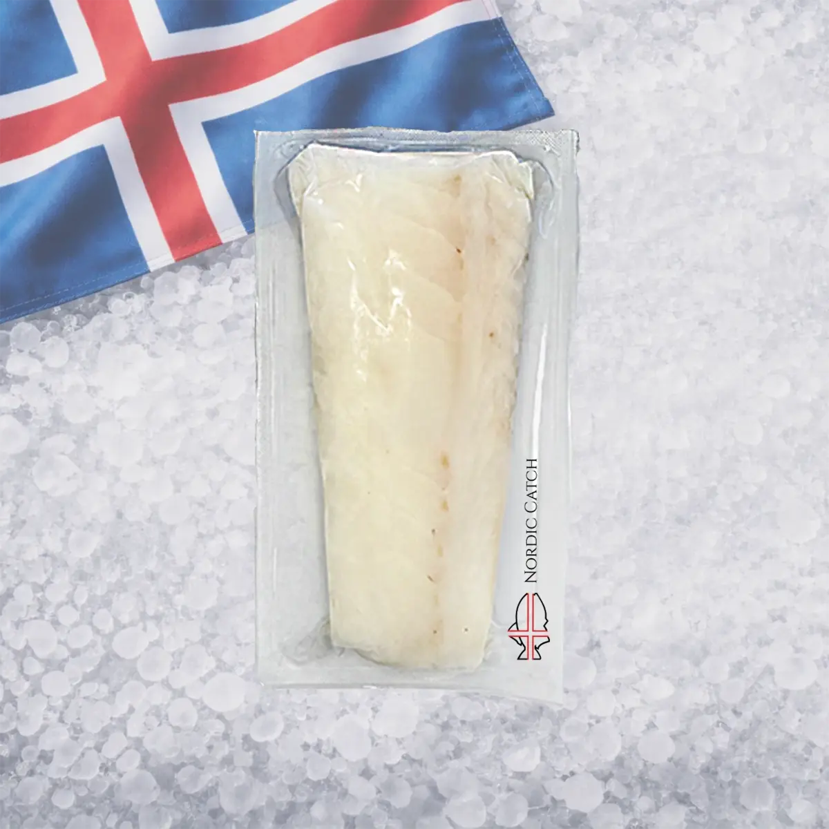 Packaged fish fillet with 'Nordic Catch' branding on a gray surface with an Icelandic flag in the background.