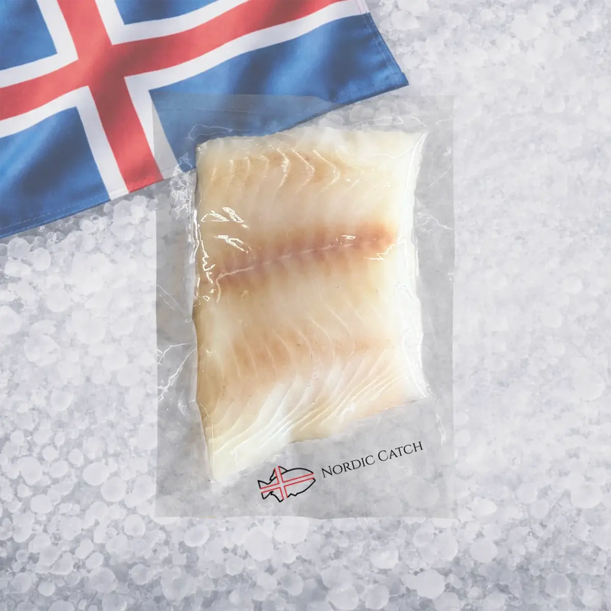 Packaged fish fillet with 'Nordic Catch' branding on a bed of ice, Icelandic flag in the background.