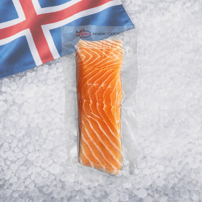 Packaged salmon on ice with an Icelandic flag in the background