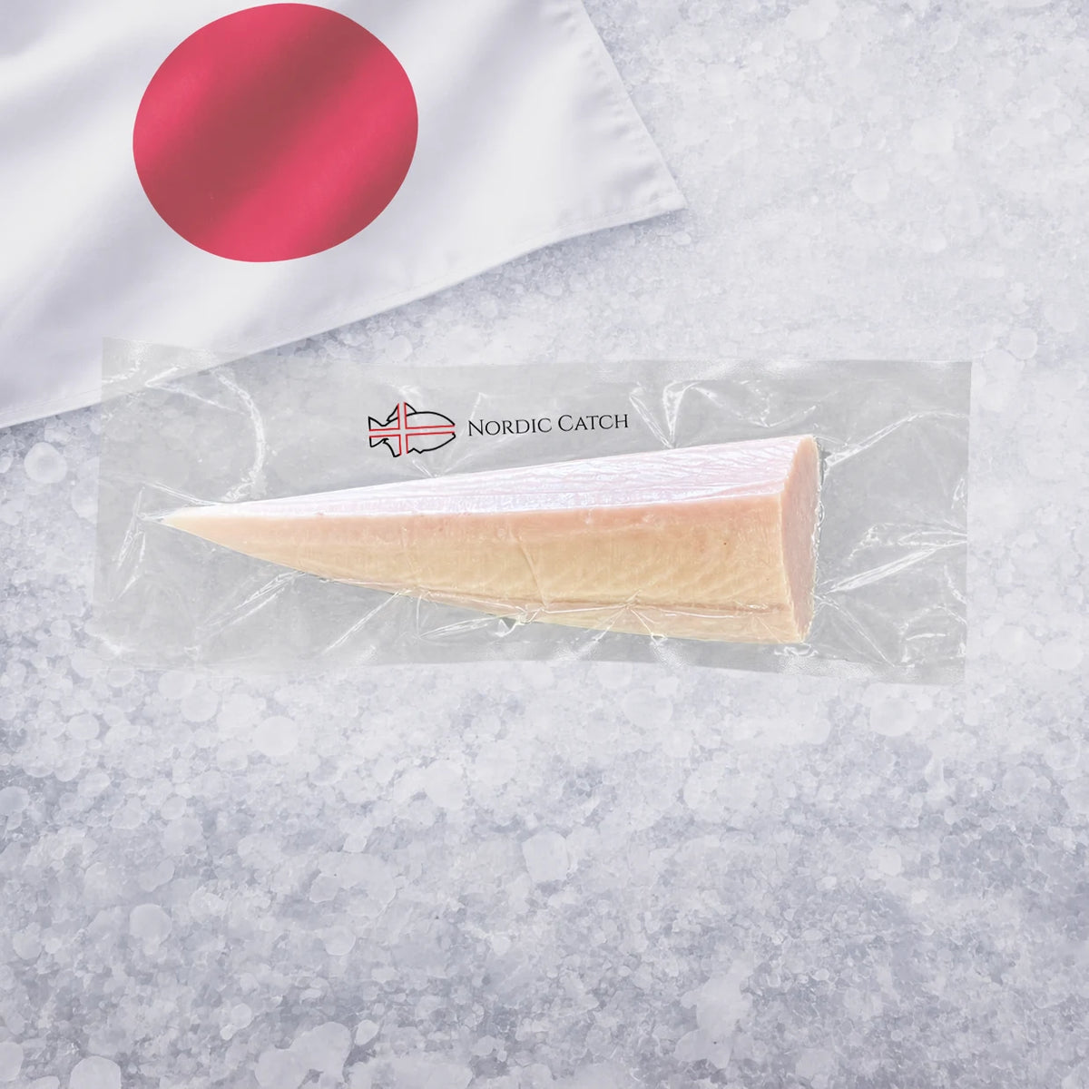 Japanese Albacore on a bed of ice with a Japanese flag in the upper left corner.