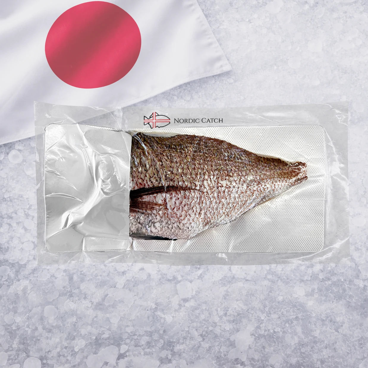Nordic Catch whole Japanese red sea bream fish package on crushed ice background