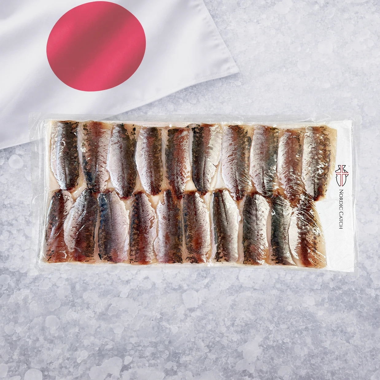 Nordic Catch Japanese mackerel fillets package with multiple sliced pieces on crushed ice background
