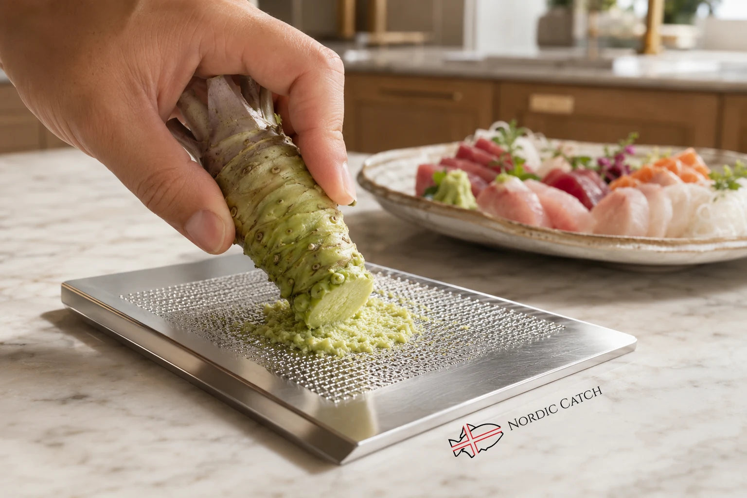 A hand holds a piece of wasabi over a stainless steel grater on a marble countertop, with a plate of sashimi in the background. The brand name 'Nordic Catch' is visible on the lower right corner of the grater.
