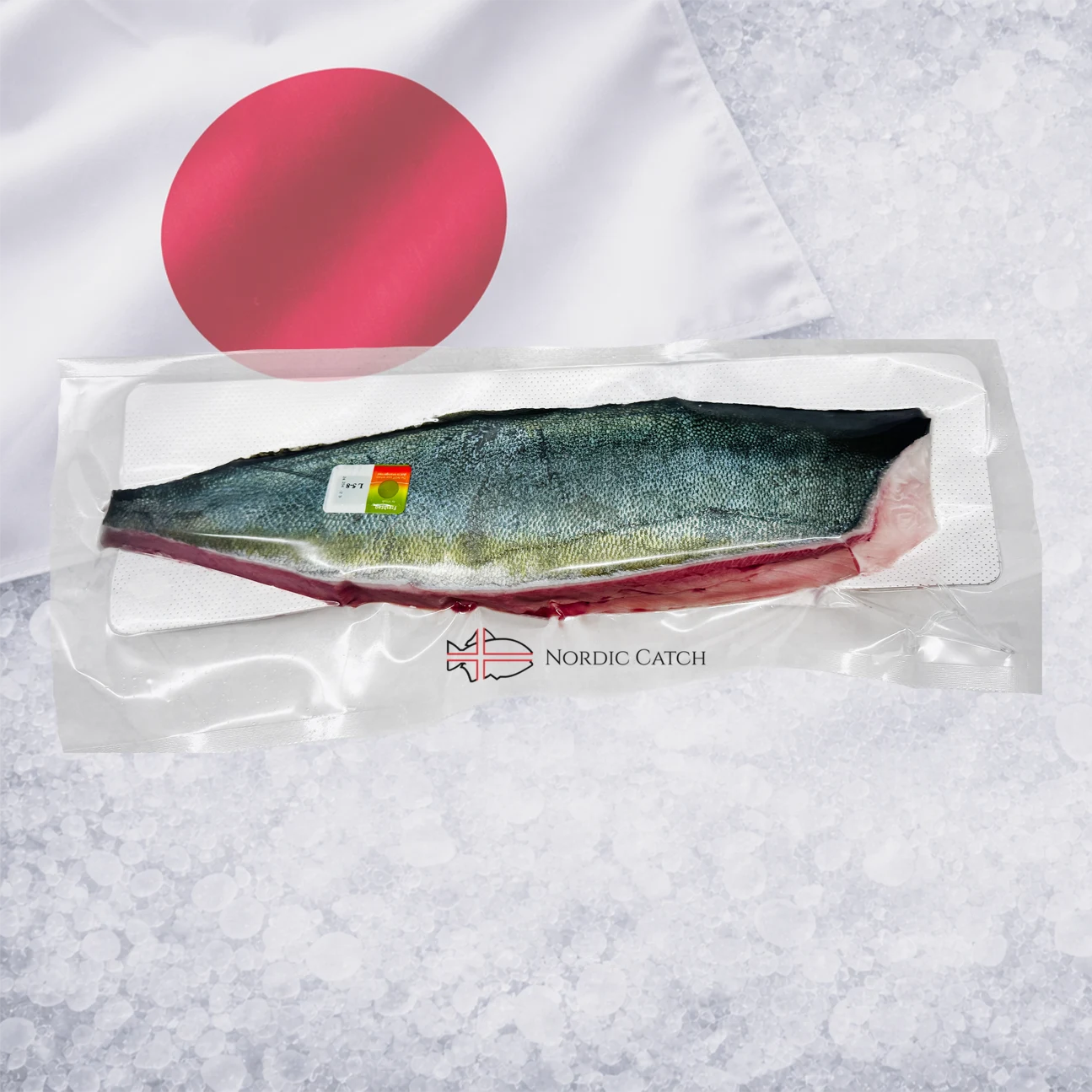 Japanese hamachi whole fish package on white tray with Nordic Catch branding and Japanese flag