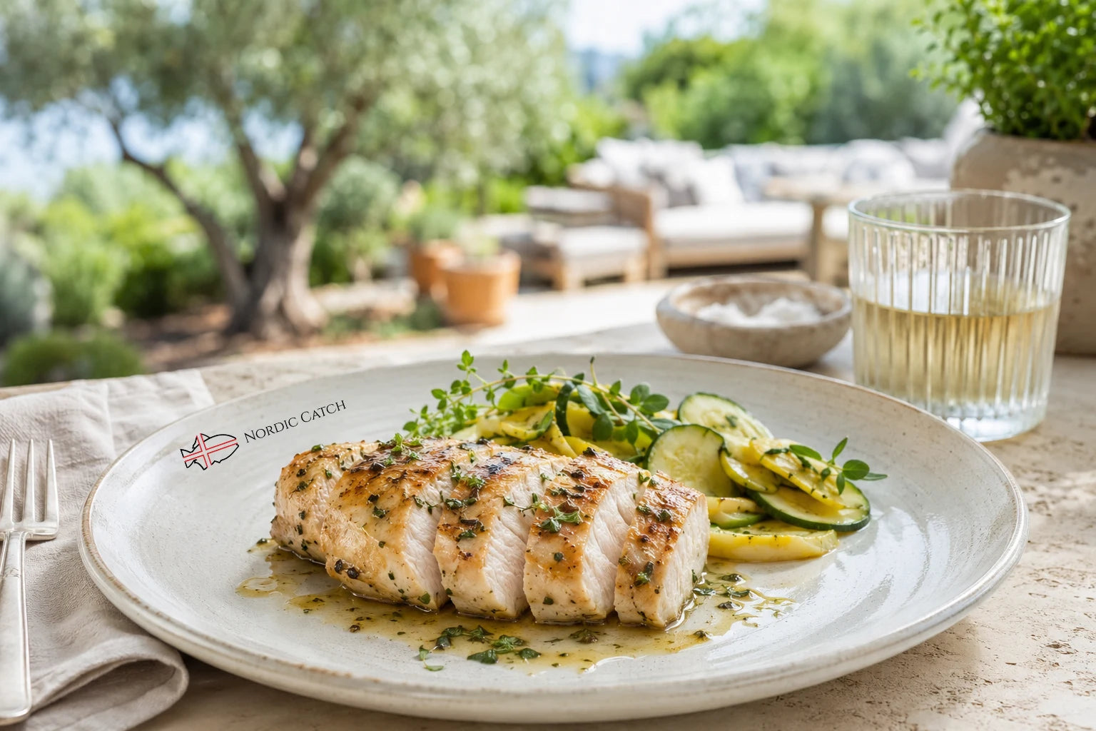 A plated dish of grilled chicken with herbs and sliced zucchini on a light ceramic plate, set on a table with a glass of white wine and an outdoor garden patio in the blurred background.