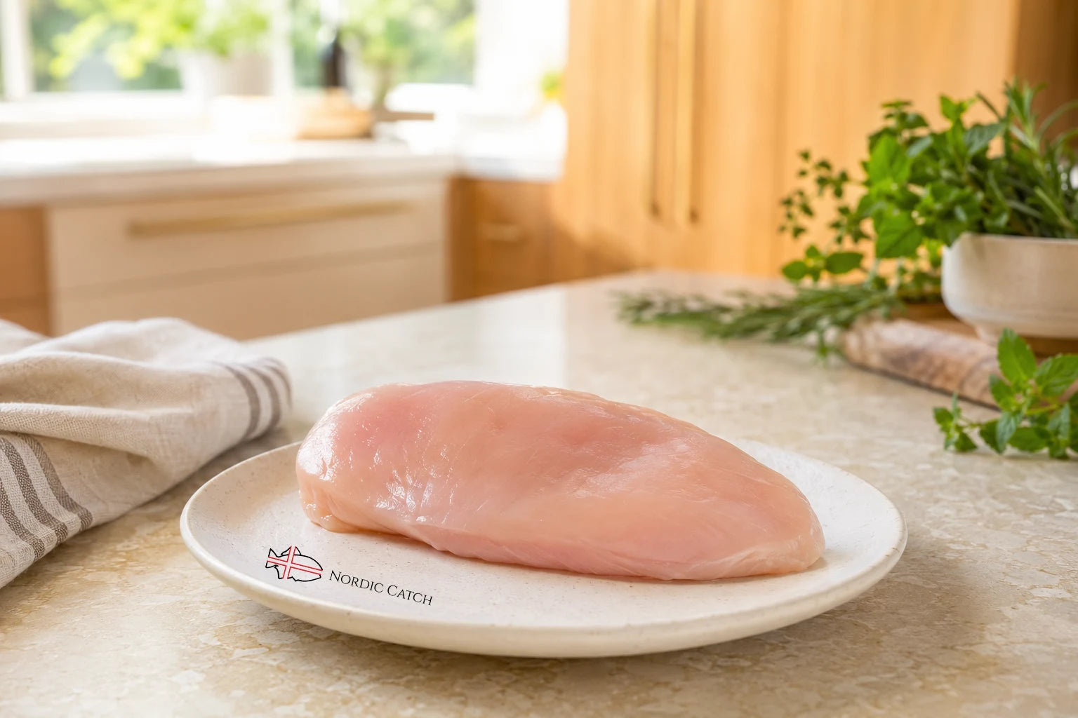 Raw chicken breast on a white plate with the Nordic Catch logo, set on a kitchen counter with fresh herbs in the background.