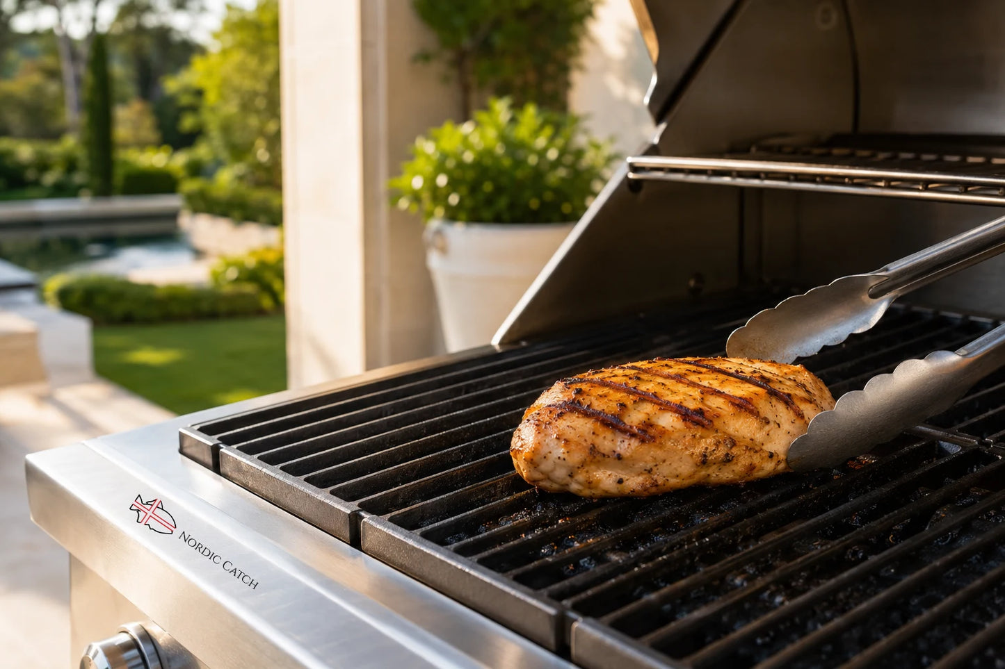 A grilled chicken breast with charred marks sits on the grates of a stainless steel outdoor grill, with metal tongs holding it. The grill is shown in a sunny backyard setting with a pool and greenery in the background.