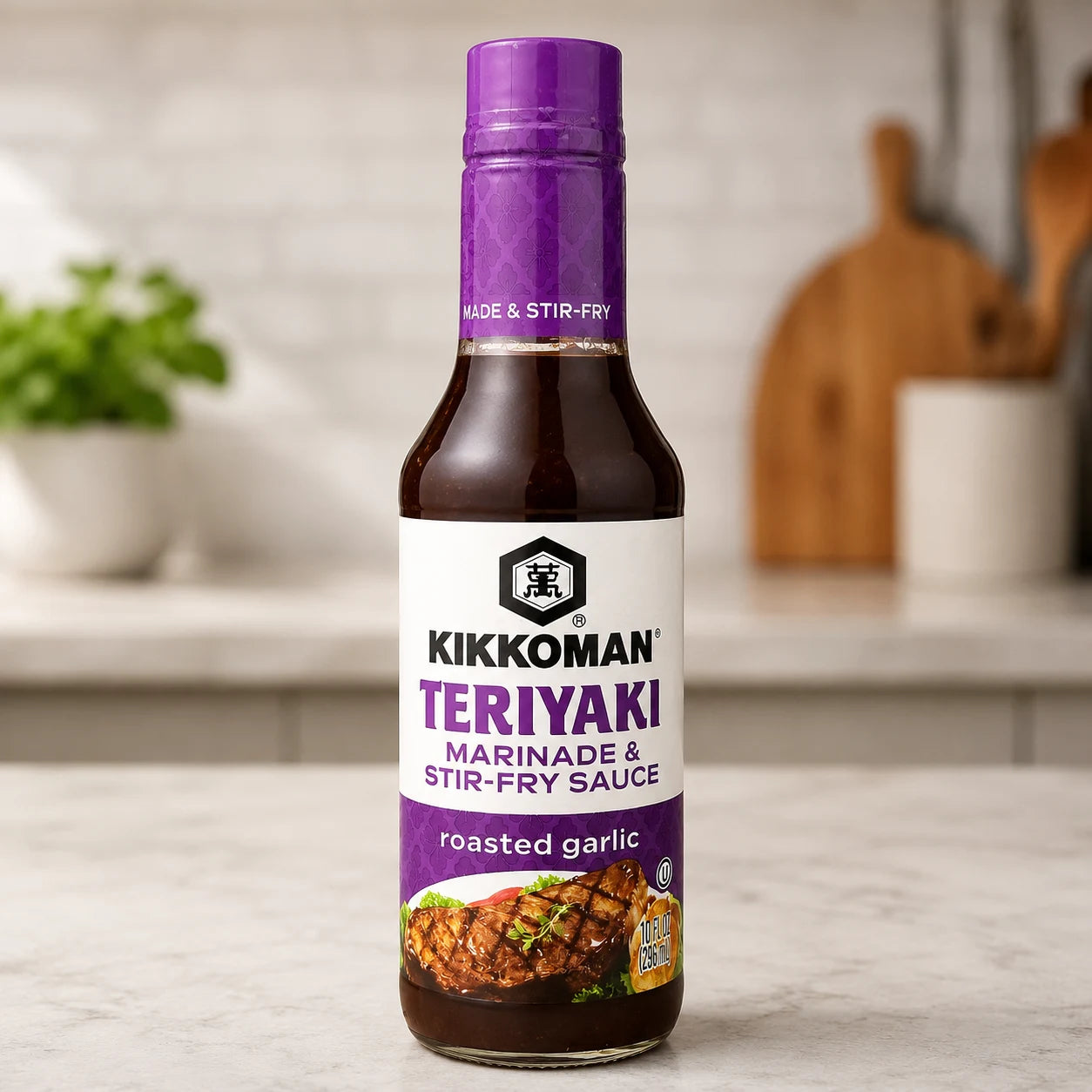 Kikkoman Teriyaki Marinade & Stir-Fry Sauce bottle with purple cap on a kitchen counter.