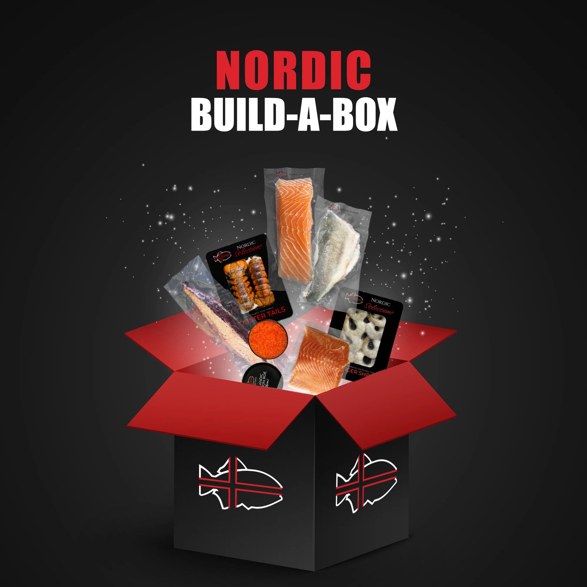 Nordic Build-A-Box seafood box with open red and black packaging displaying customizable Nordic Catch salmon, smoked fish, caviar, and specialty seafood products