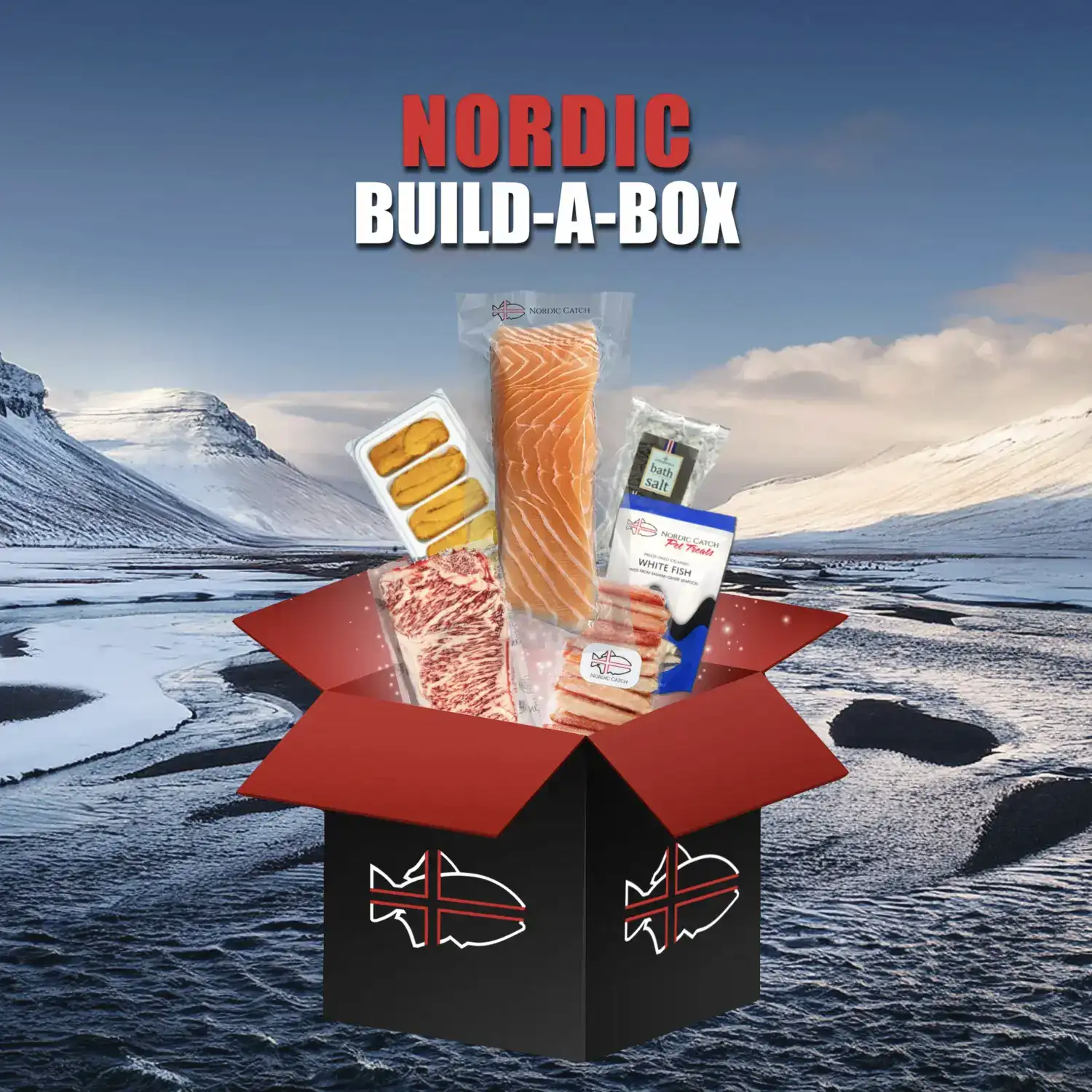 Meat and seafood box featuring Icelandic salmon, white fish, cured meats, smoked seafood, sea salt, and potato slices displayed in an open red and black box against a snowy mountain landscape