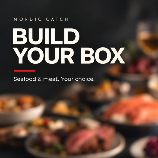 Promotional graphic for Nordic Catch featuring the text 'BUILD YOUR BOX' and 'Seafood & meat. Your choice.