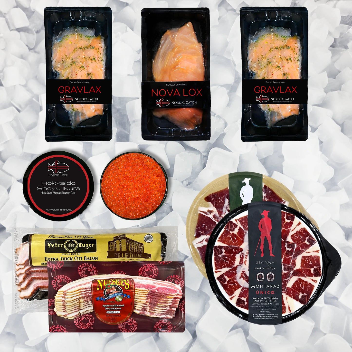 A curated food gift assortment on a white crumpled-paper background, including three packaged salmon fillets labeled Gravlax, Nova Lox, and Arctic Fish; a round tin of Hokkaido Spiny Ruka caviar; a bowl of bright orange roe; Peter Richter smoked turkey bacon; a package of sliced bacon; and a round package of Montiazal Salado beef jerky.