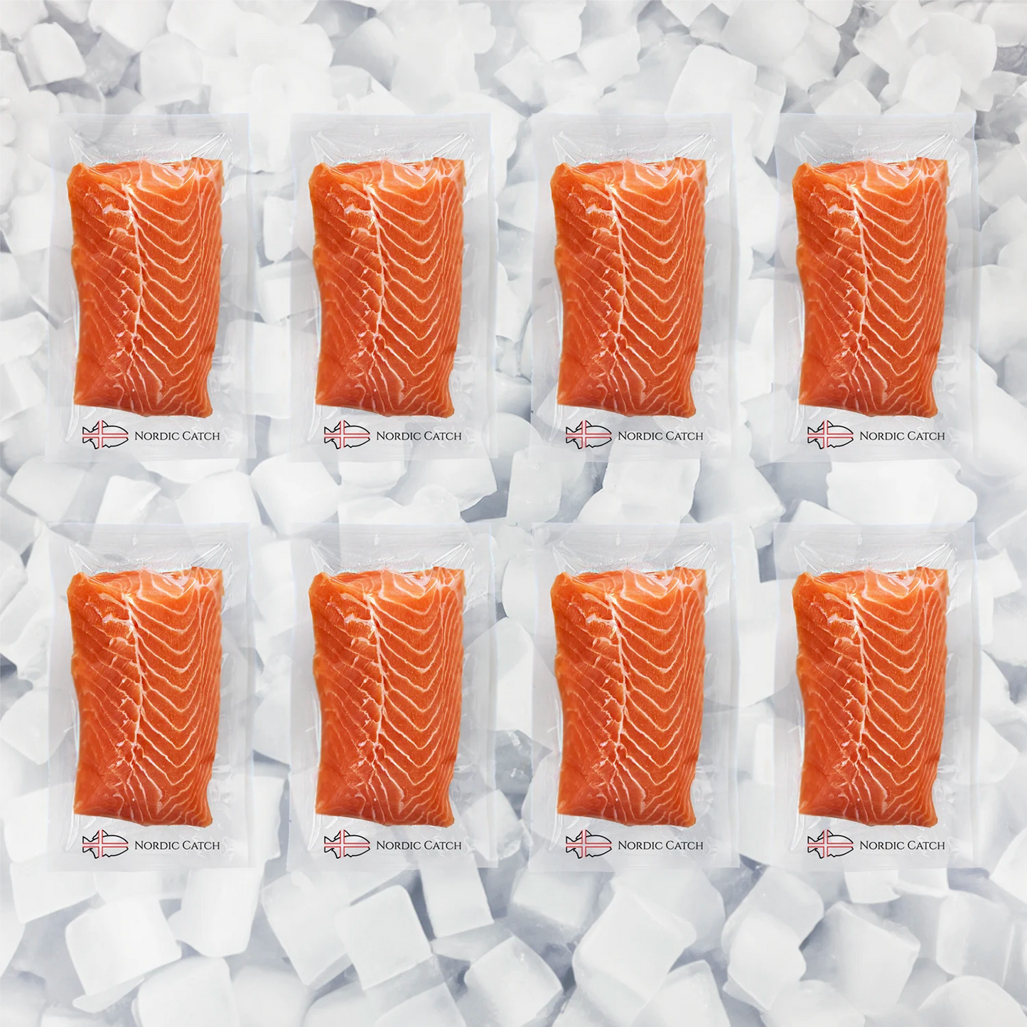 Eight packages of trout fillets from Nordic Catch on a bed of ice.