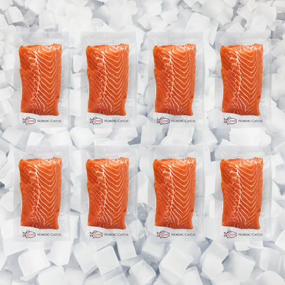 Eight packages of trout fillets from Nordic Catch on a bed of ice.