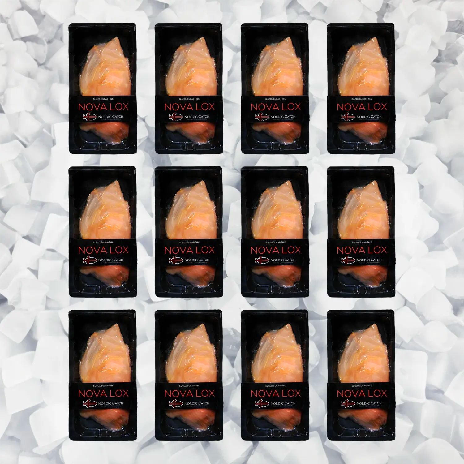 Twelve packages of Nordic Catch Novalox smoked salmon arranged in a grid on crushed ice background