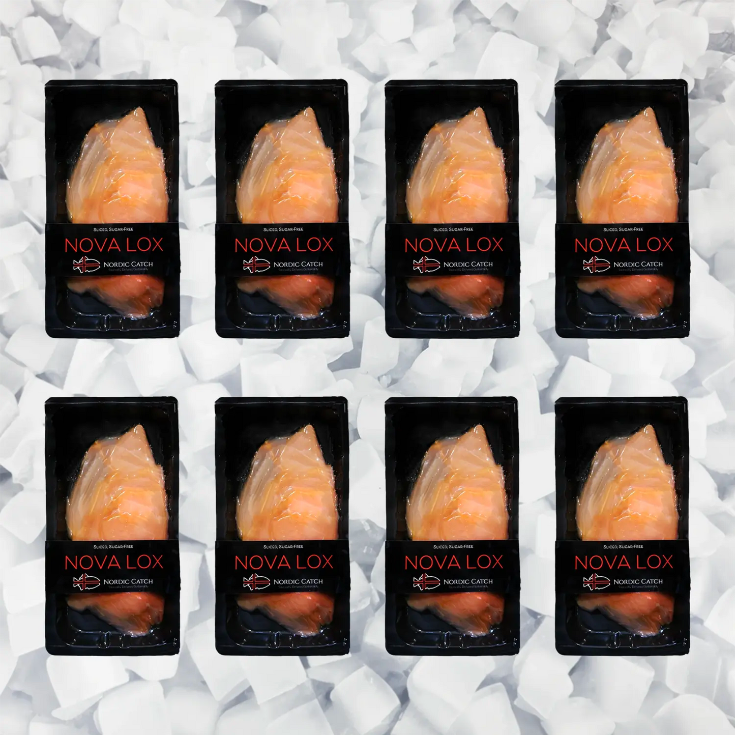 Eight packages of Nordic Catch Novalox Icelandic smoked salmon displayed on crushed ice background