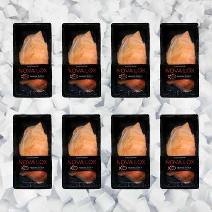 Eight packages of Nordic Catch Novalox Icelandic smoked salmon displayed on crushed ice background
