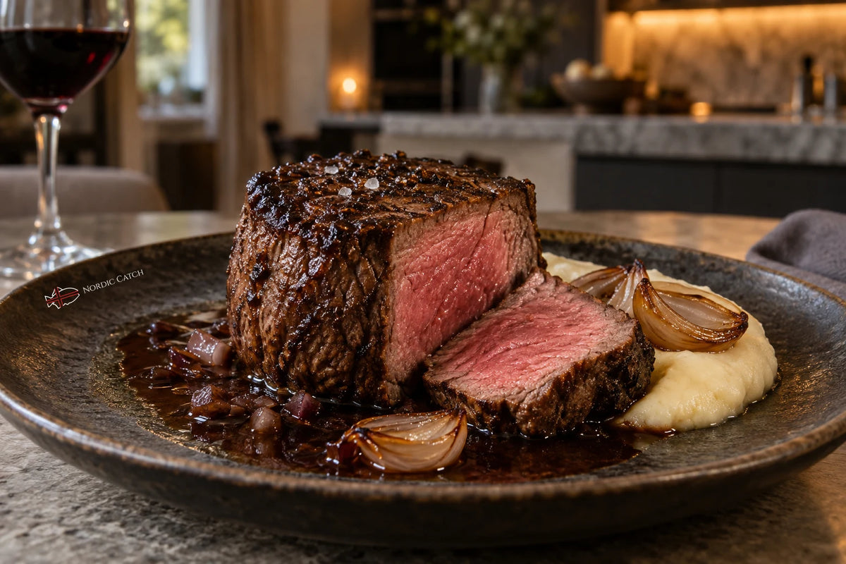 A plated cooked filet mignon steak with a slice cut, served with mashed potatoes, caramelized onions, and dark sauce on a dark ceramic plate, with a glass of red wine in the background.