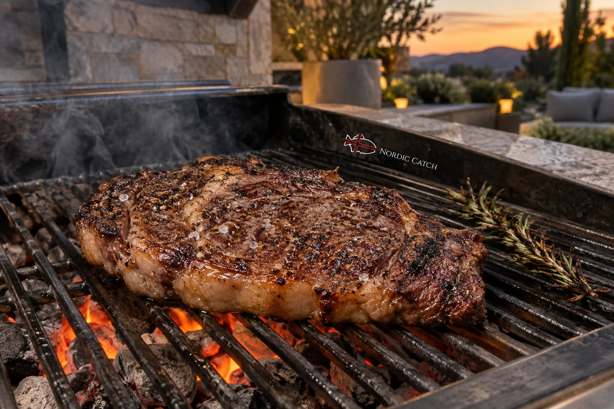 A large grilled ribeye steak sits on the grates of a charcoal grill outdoors, with visible flames, smoke, rosemary, and a stone patio setting at sunset. The grill shows the Nordic Catch brand name on the side.