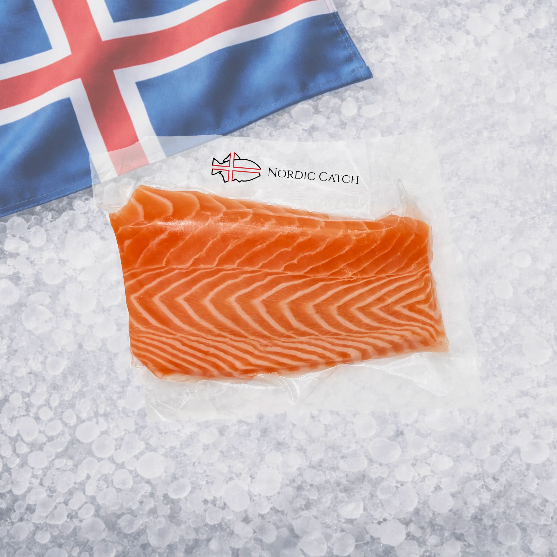 Salmon fillet on ice with Nordic Catch branding and an Icelandic flag in the background