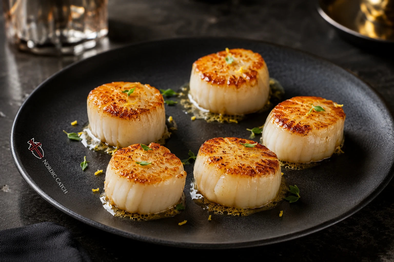 Four seared scallops on a dark plate with a small logo that reads 'Nordic Catch' on the bottom left edge of the plate, set on a dark table with a glass in the background.