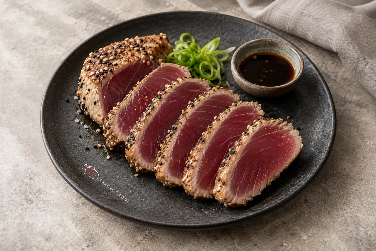 Sesame coated and seared Ahi Tuna on a black plate