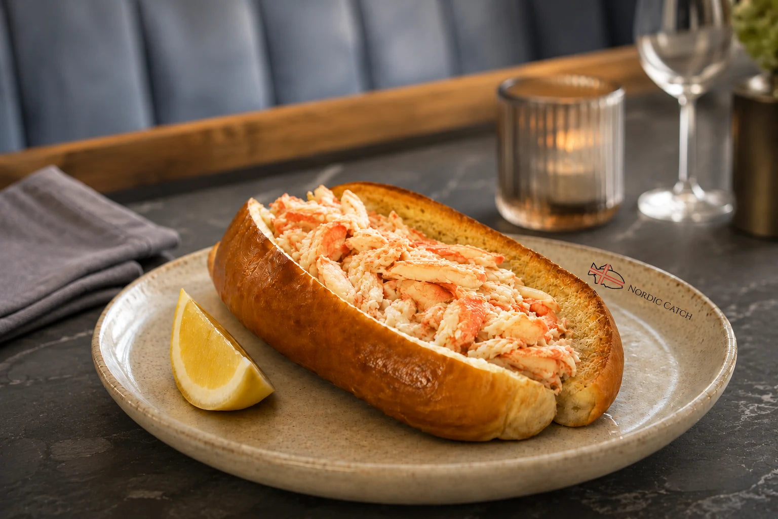 A snow crab roll sandwich on a ceramic plate, served with a lemon wedge on a dark restaurant table with a candle and wine glass in the background.