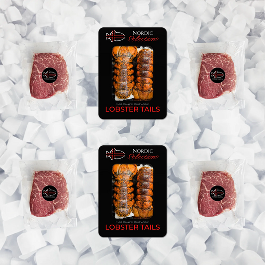 4 filet mignon steaks and 2 packs of lobster tails, 2 tails per pack