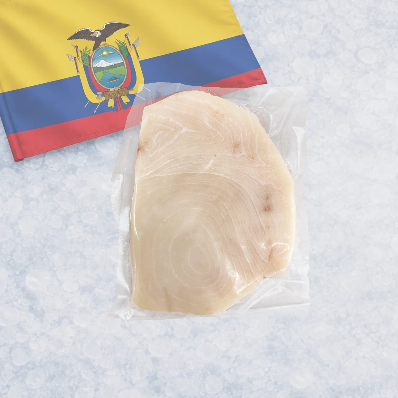 A vacuum-sealed cut of swordfish steak placed on a light icy surface, with a Ecuadorian flag partially visible in the background.