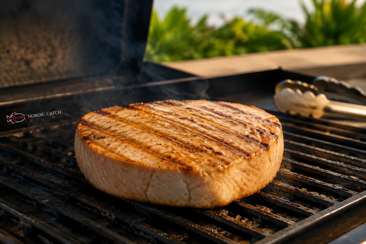 A thick grilled swordfish steak with visible grill marks sits on the grates of an outdoor grill. Metal tongs are visible on the right, and green foliage is blurred in the background.