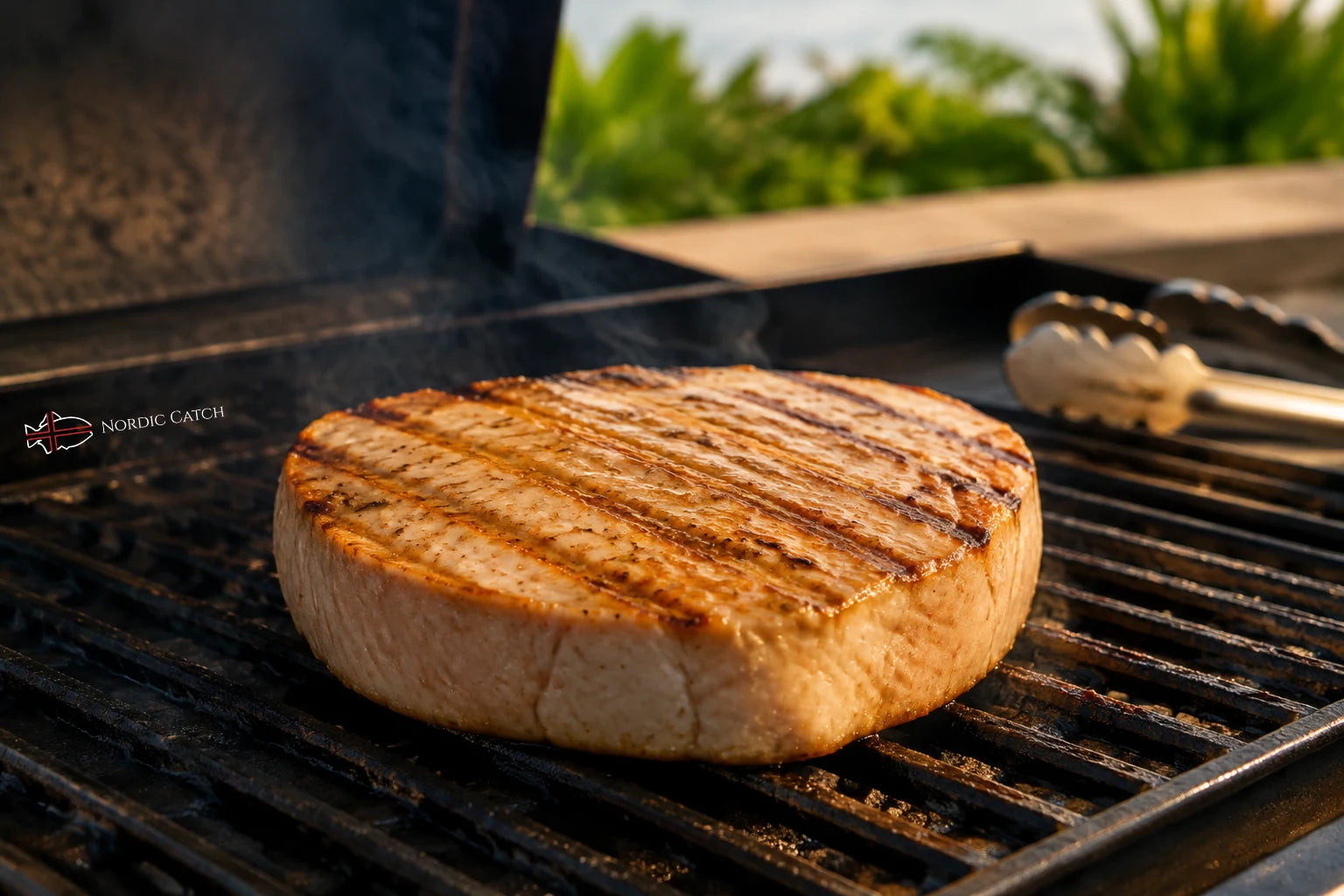 A thick grilled swordfish steak with visible grill marks sits on the grates of an outdoor grill. Metal tongs are visible on the right, and green foliage is blurred in the background.