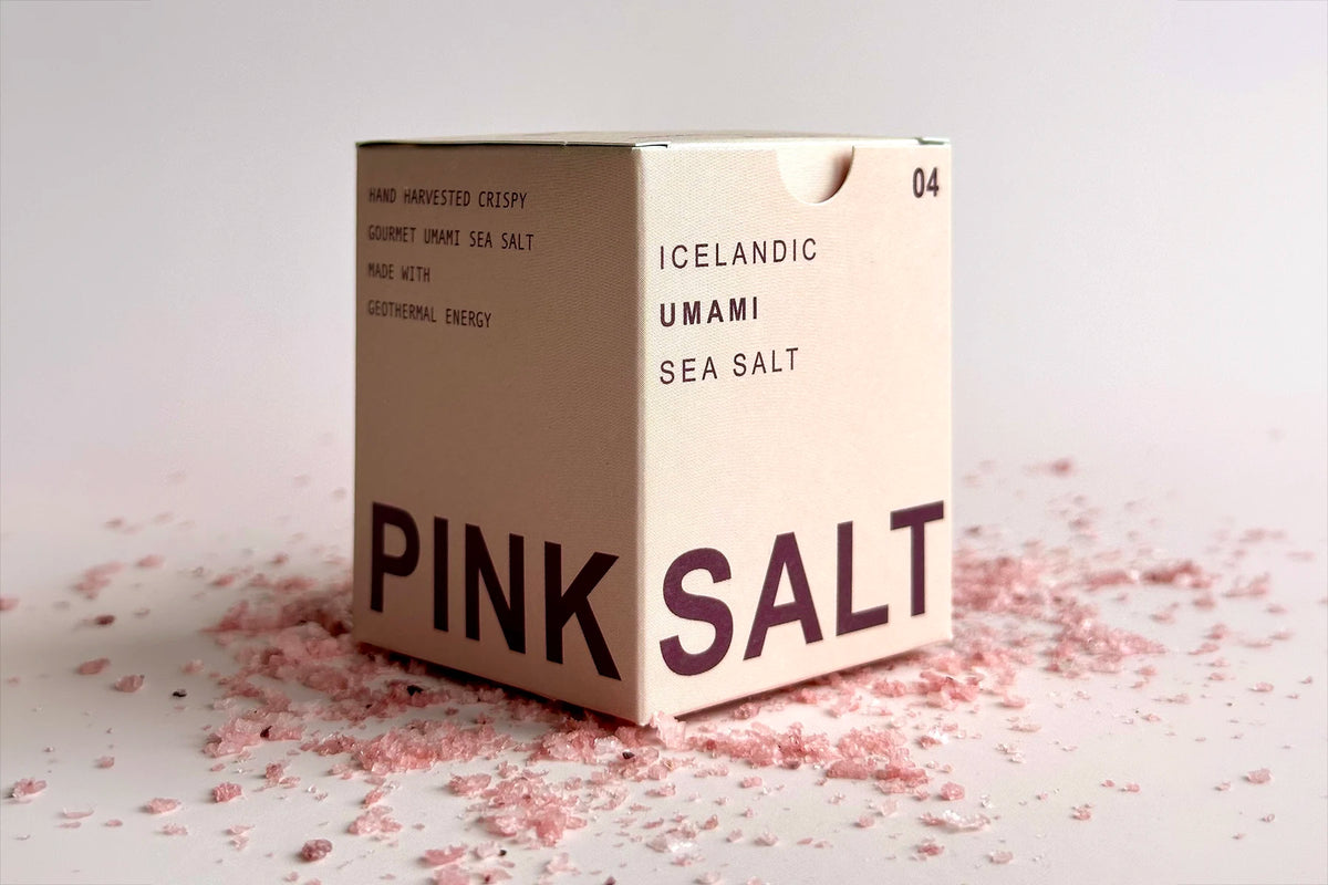 A box of pink sea salt from Iceland