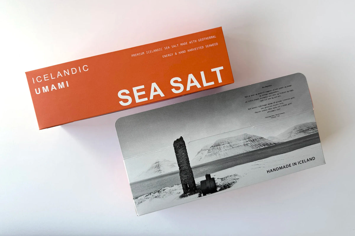 Two boxes of Icelandic sea salt with a description of how the salts are made