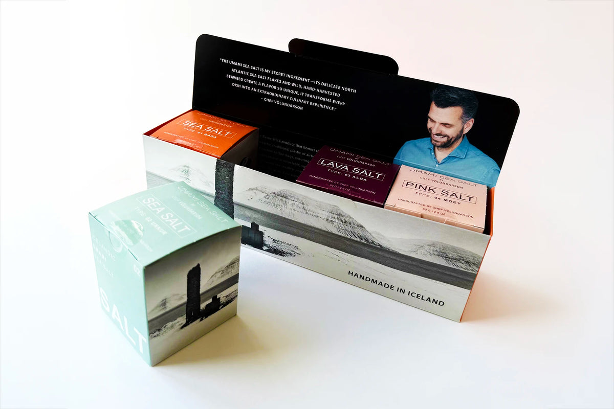 A box featuring four Icelandic sea salts