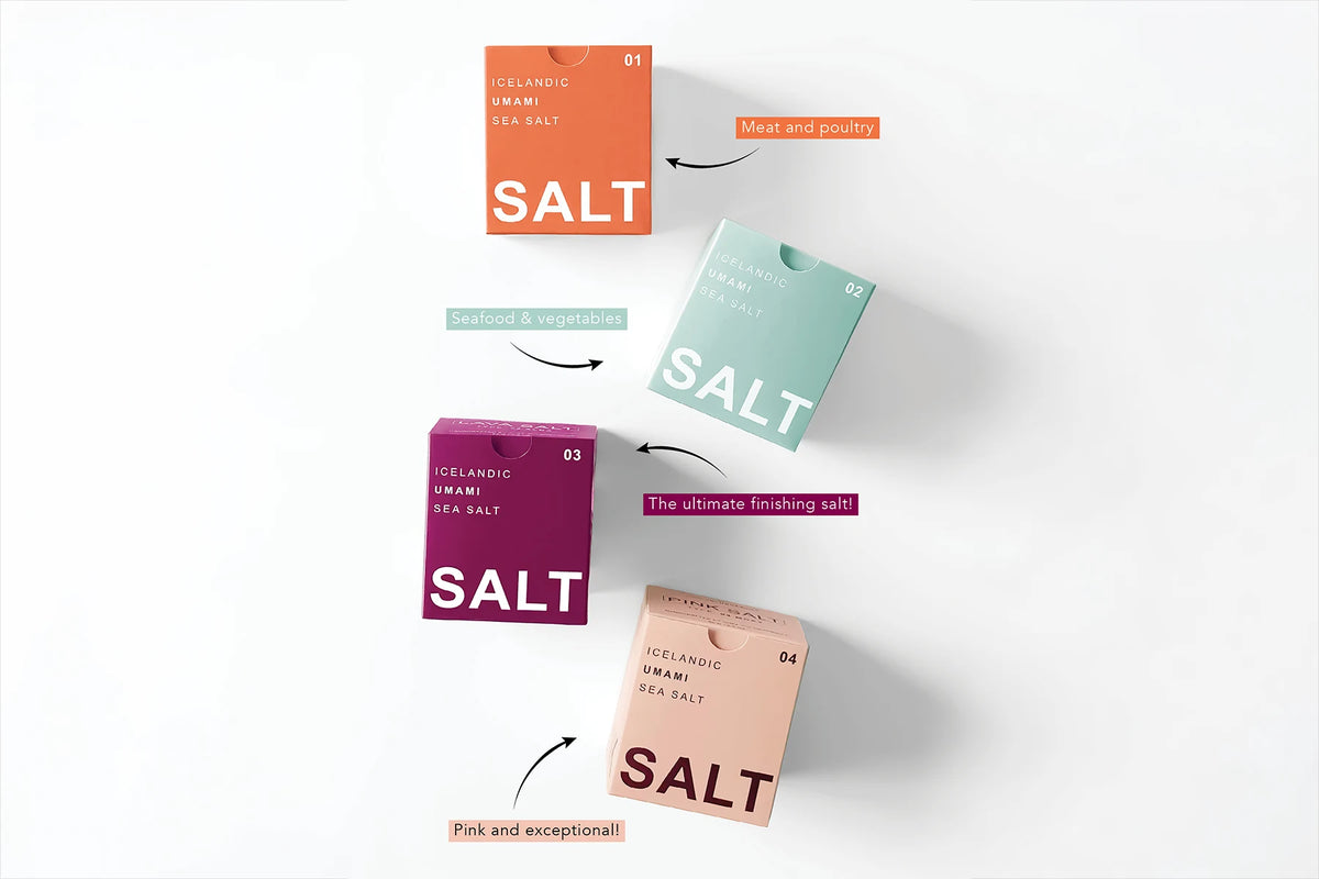 Four types of sea salt from Iceland and a caption of best uses for each type