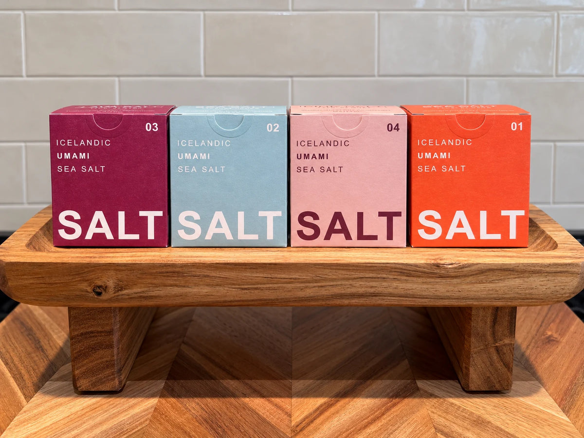 Umami Sea Salt from Iceland displaying four types on a wooden tray