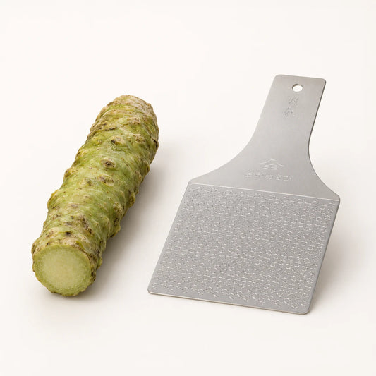 A silver metal vegetable scraper with a textured scraping surface and a handle, shown next to a green wasabi rhizome on a clean white background.