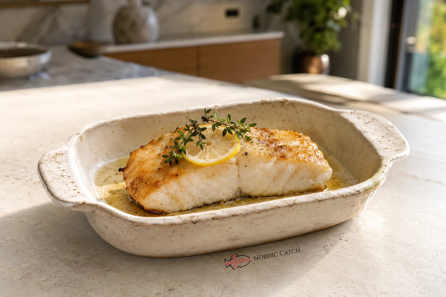 A baked salmon fillet topped with a lemon slice and thyme, served in a speckled beige ceramic baking dish on a light countertop in a kitchen setting. A 'NORDIC CATCH' logo is visible at the bottom of the dish.