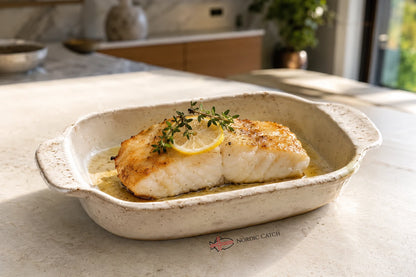 A baked salmon fillet topped with a lemon slice and thyme, served in a speckled beige ceramic baking dish on a light countertop in a kitchen setting. A 'NORDIC CATCH' logo is visible at the bottom of the dish.