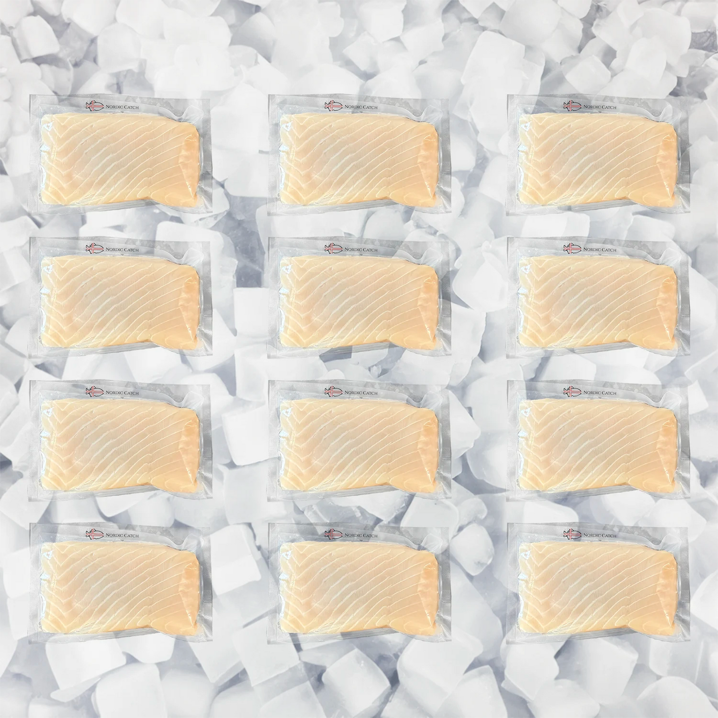 Twelve vacuum-sealed packages of salmon fillets arranged in a 3x4 grid on a bed of white ice cubes.