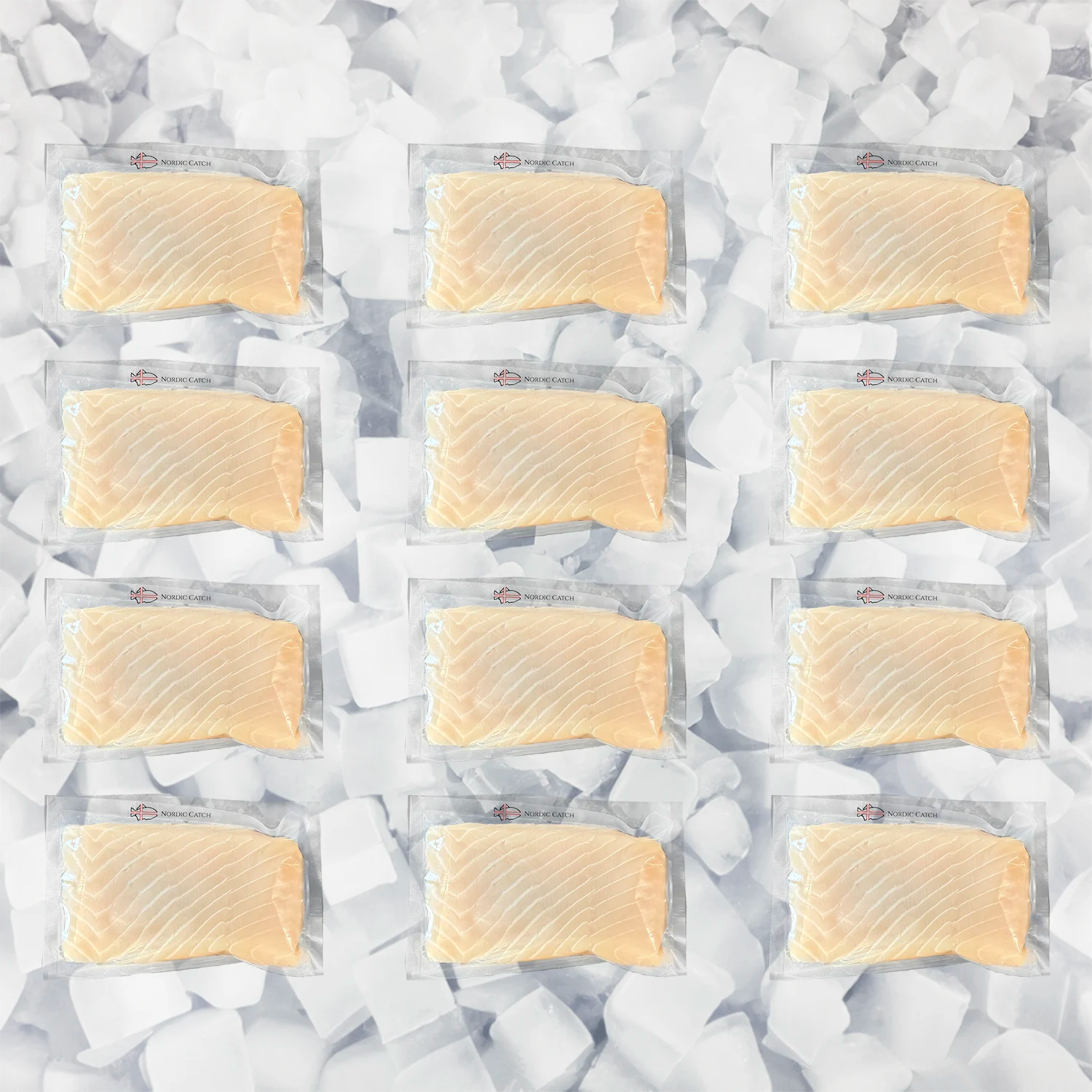 Twelve vacuum-sealed packages of salmon fillets arranged in a 3x4 grid on a bed of white ice cubes.
