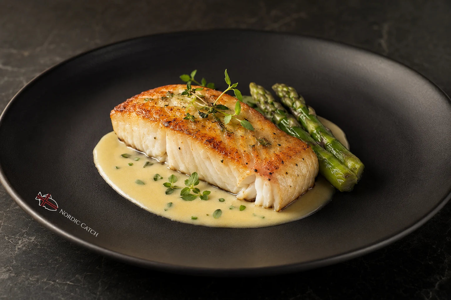 A plated cooked fish fillet with a creamy sauce, asparagus, and herb garnish on a dark plate. The plate has a visible 'NORFOLK CATCH' logo near the lower left edge.