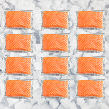 Bulk case of individually packed wild King salmon portions from Alaska or Canada
