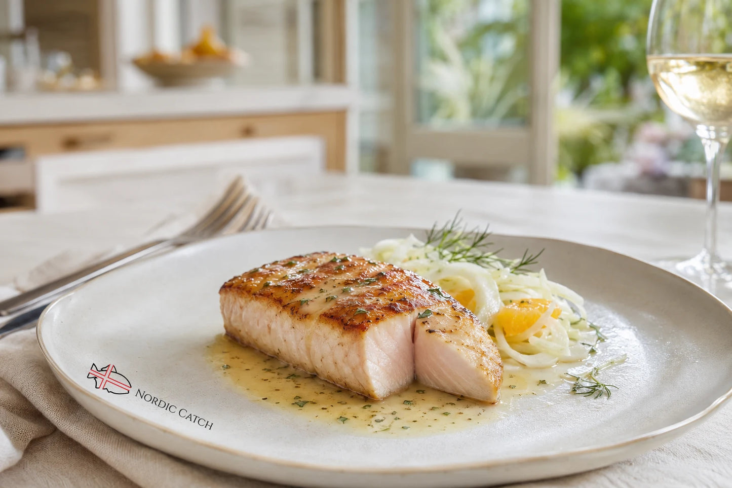 A plated Opah moonfish fillet with a golden-brown seared crust, served with white onion, dill, and a small egg yolk on a light beige plate. The plate has the 'NORDIC CATCH' logo printed on the bottom left.