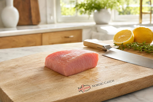 A raw pink Opah Moonfish fillet sits on a wooden cutting board in a bright kitchen setting, with a chef's knife, lemon halves, and herbs nearby. The board is branded with the Nordic Catch logo.