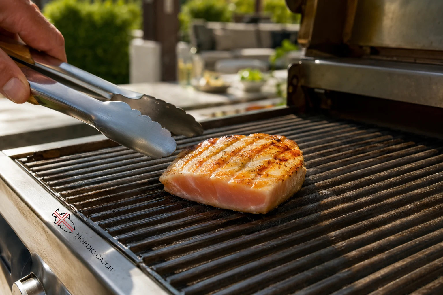 An Opah Moonfish fillet with grill marks sits on the grate of a stainless steel outdoor gas grill, with a hand using metal tongs to adjust it. The brand 'Nordic Catch' is visible on the lower left edge of the grill.